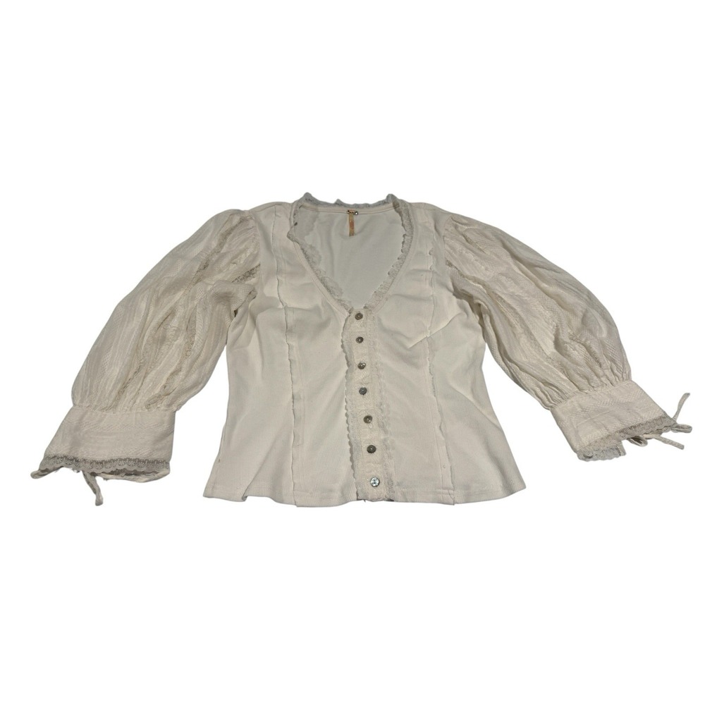 Free People Sumner Lace Blouse Sheer Balloon Sleeves Ivory Women’s Size S/P